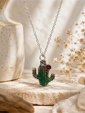 Hand Enameled Cactus Necklace, Boho Desert Pendant, Southwest Style Jewelry
